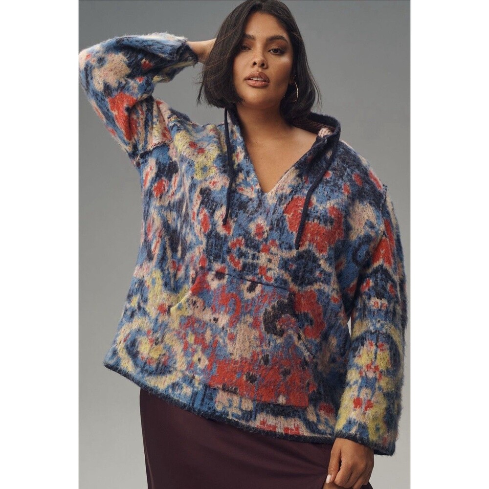 Anthropologie Sweater Women Blue Relaxed Hooded Boho Cottagecore Size XL NWT